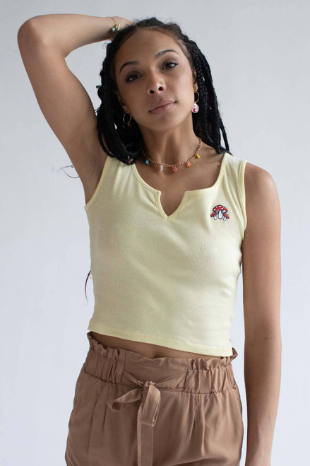 Mushroom Embroidered Yellow Notched Neck Tank