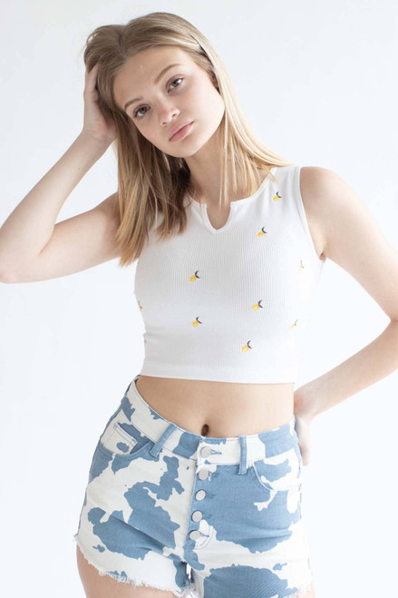 White Embroidered Lemons Seamless Notch Tank