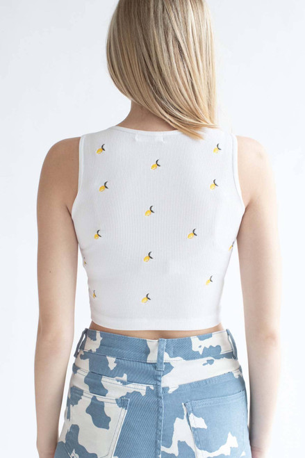 White Embroidered Lemons Seamless Notch Tank