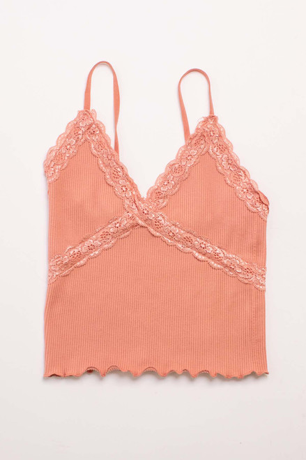 Peach Seamless Lace Trim Crop Cami