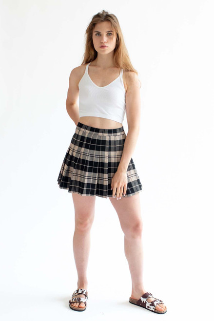 Khaki Plaid Pleated Skirt