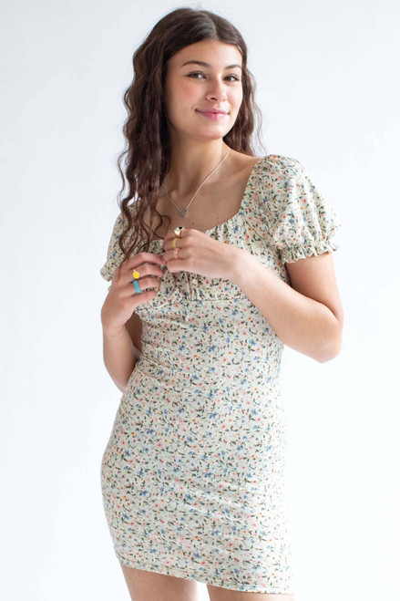 Pistachio Ditsy Floral Milkmaid Mini Dress