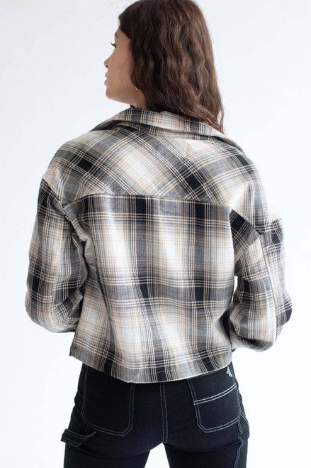 Taupe Linen Blend Plaid Cropped Jacket