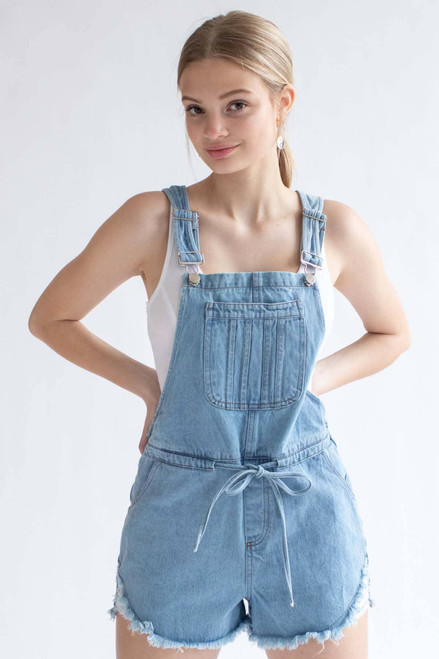 Light Wash Tie Waist Denim Overall Shorts