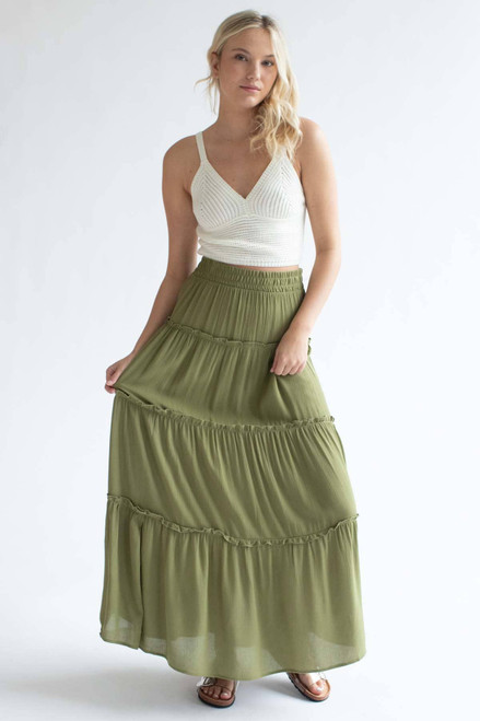 Olive Ruffle Tiered Maxi Skirt