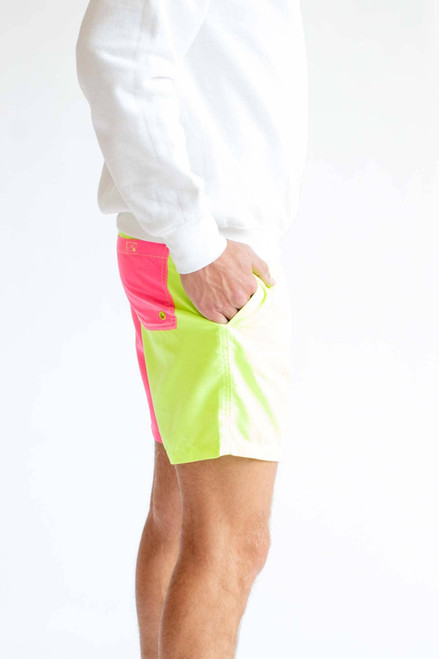 Neon Yellow & Pink Color Blocked Swim Shorts