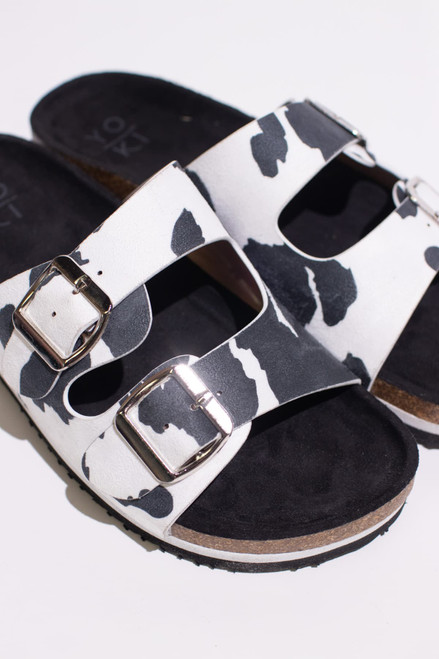 Black Cow Print Platform Buckle Sandals