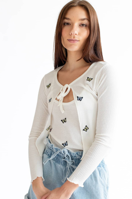 Embroidered Butterfly Cardigan & Cami Set