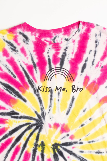 Kiss Me Bro Pink and Yellow Tie Die Screen Print T-Shirt