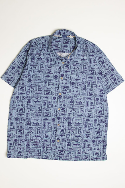 Vintage Blue Fishing Print Island Shores Hawaiian Shirt