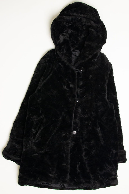 Black Hooded Faux Fur Coat
