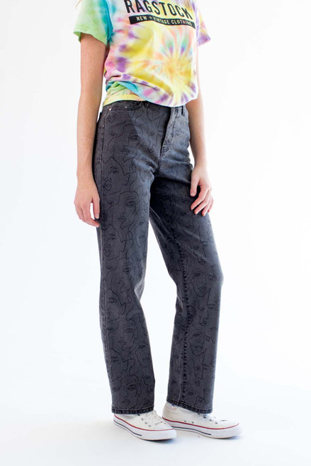 Black Abstract Face Print Jeans