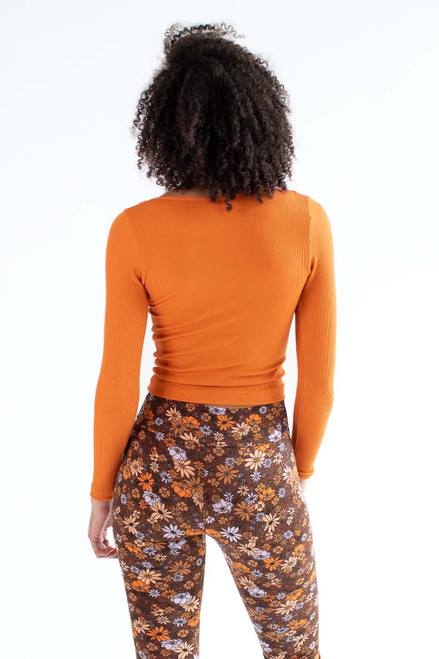 Orange Floral Embroidered Seamless V-Neck Shirt