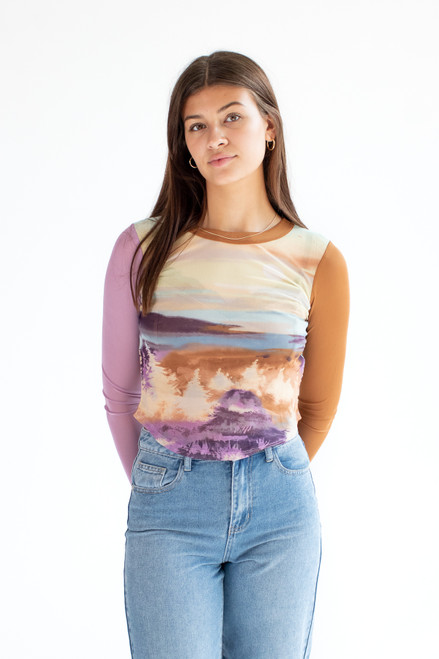 Bright Violet Nature Print Long Sleeve Mesh Tee