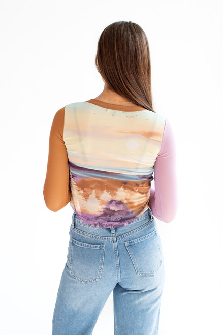 Bright Violet Nature Print Long Sleeve Mesh Tee