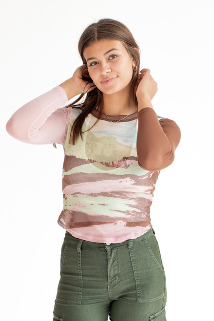 Dusty Pink Nature Print Long Sleeve Mesh Tee