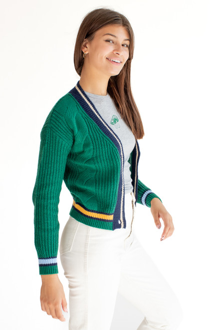 Green Cable Knit Varsity Cardigan