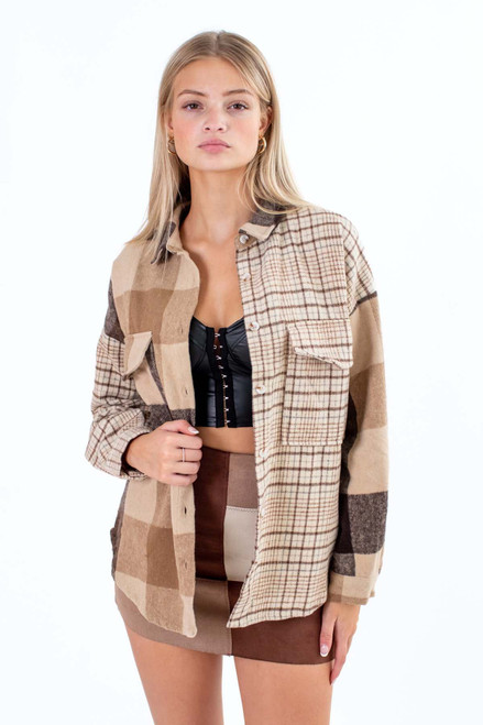 Brown Spliced Plaid Shacket