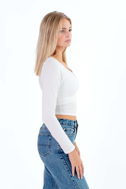 White Notched Neck Long Sleeve Top