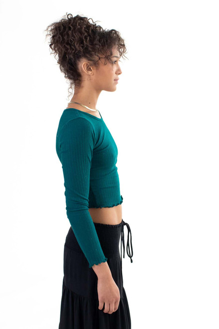 Green Double Ribbed Long Sleeve Crop Top