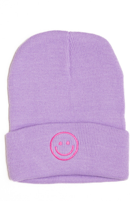 Purple Smiley Face Knit Beanie