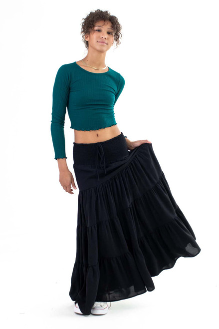 Black Smocked Waist Tiered Maxi Skirt
