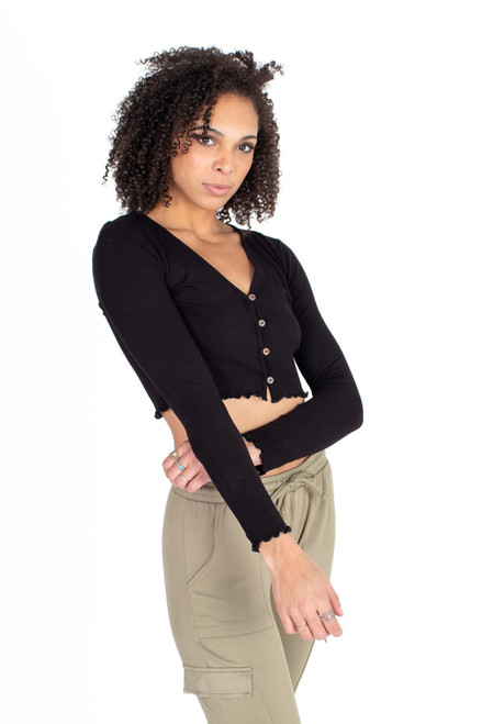 Black Button Down Long Sleeve Crop