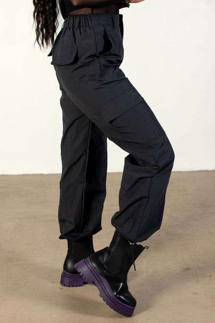 Black Nylon Cargo Parachute Pants