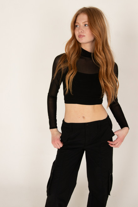 Black Mesh Long Sleeve Turtleneck