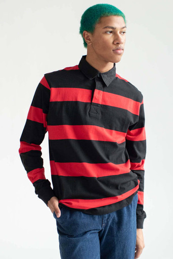 Downtown Traditionel Stor Black & Red Rugby Polo - Ragstock.com