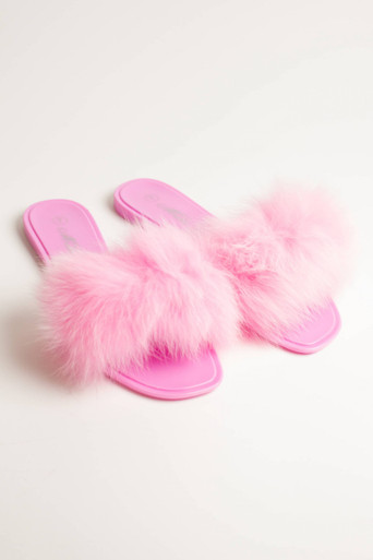 Kimberly Pink Faux-Fur Slide Slippers with Iridescent Heart - 1/2