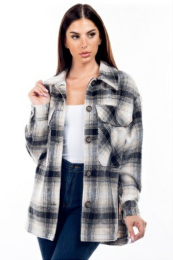 Chandra Charcoal and Beige Plaid Flannel Shacket