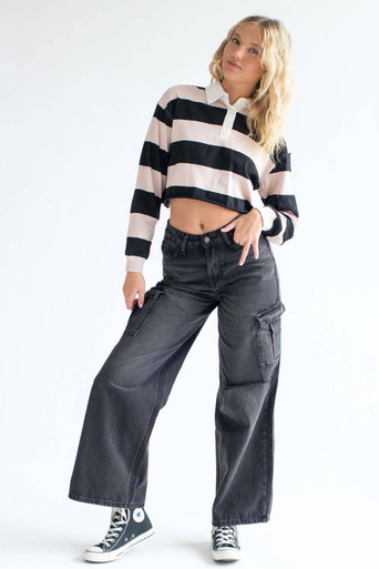 Black Baggy Wide Leg Cargo Pocket Jeans