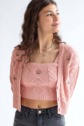 Rose Embroidered Cardigan & Tank Set