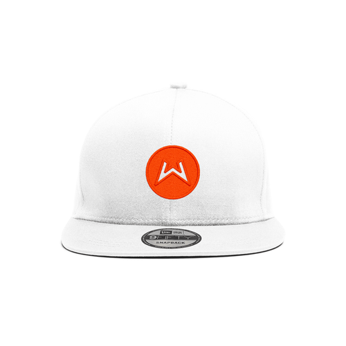 White Flat Brim Hat - Orange Logo - UK