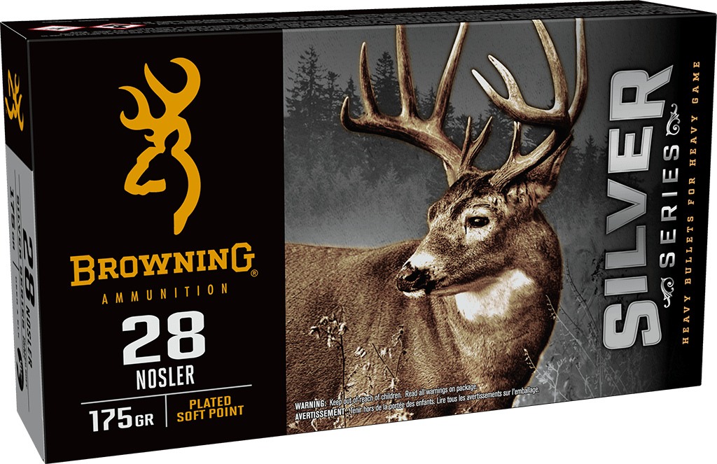 Browning Ammo B192600281 Silver 28Nosler 175gr Plated Soft Point 20 Per Box/10 Case, Centerfire Rifle Ammo