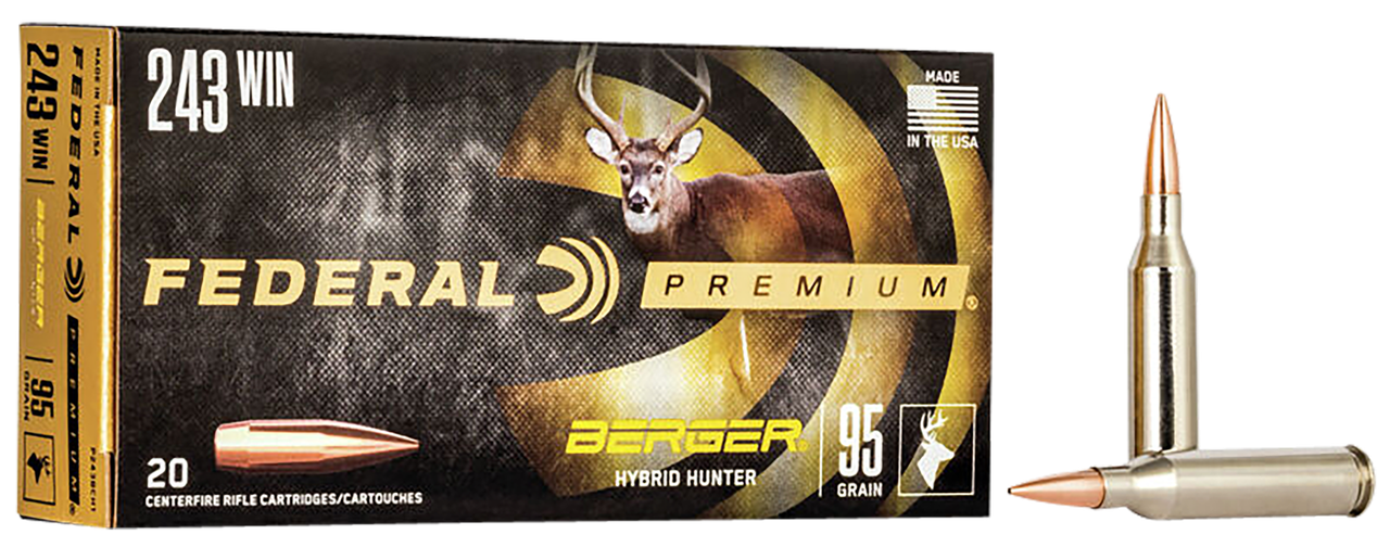 Federal P243BCH1 Premium 243Win 95gr Berger Hybrid Hunter 20 Per Box/10 Case Centerfire, Rifle Ammunition