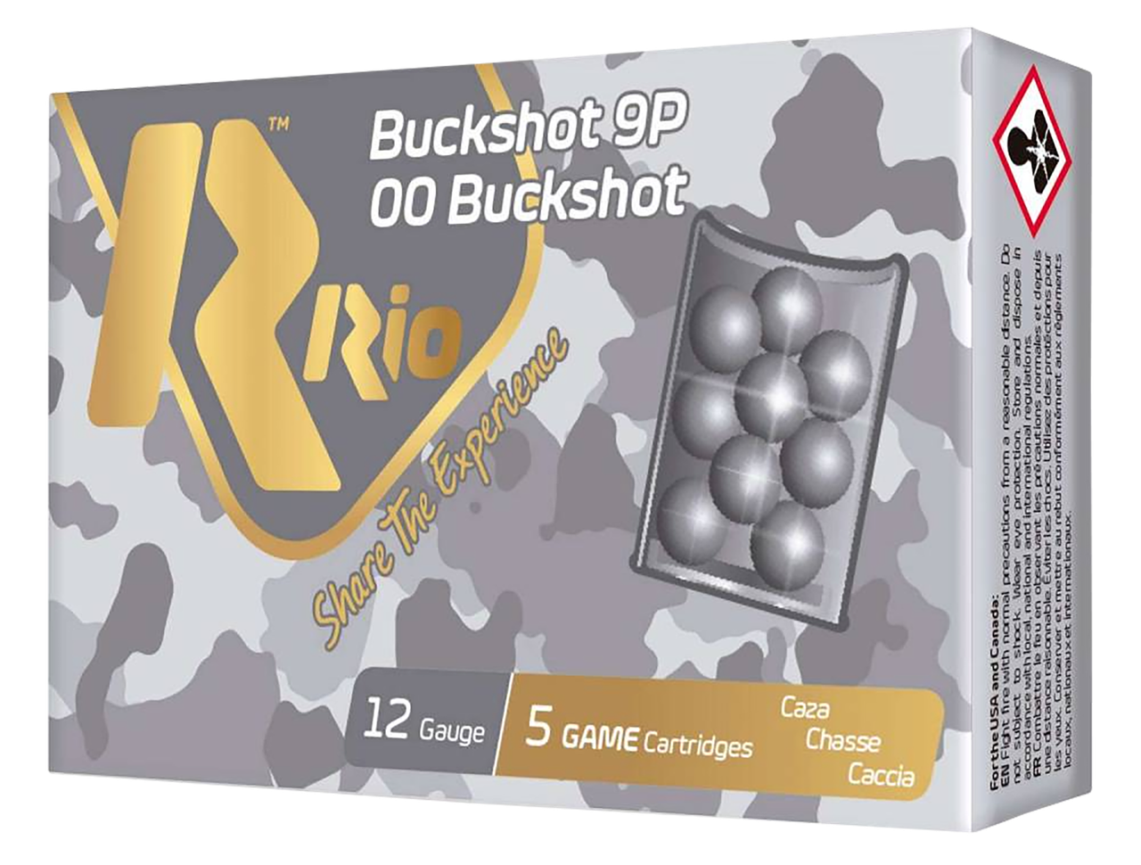 Rio Buckshot 9P 12 Gauge Ammunition 5 Rounds 2-3/4" 9 Pellet 00 Buck 1-1/5oz Lead Shot 1345fps