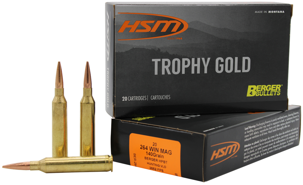 HSM 264WM140VLD Trophy Gold Extended Range 264 Win Mag 140 gr Berger Hunting VLD Match 20 Per Box/ 20 Case Centerfire, Rifle Ammunition