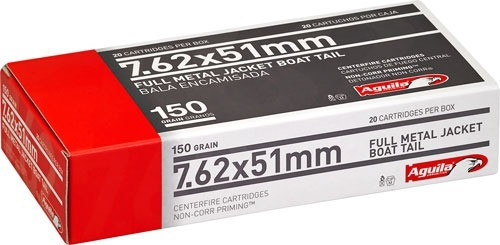 Aguila 1E762110 Target & Range 7.62x51mm NATO 150gr Full Metal Jacket Boat Tail 20 Per Box/25 Case Centerfire, Rifle Ammunition