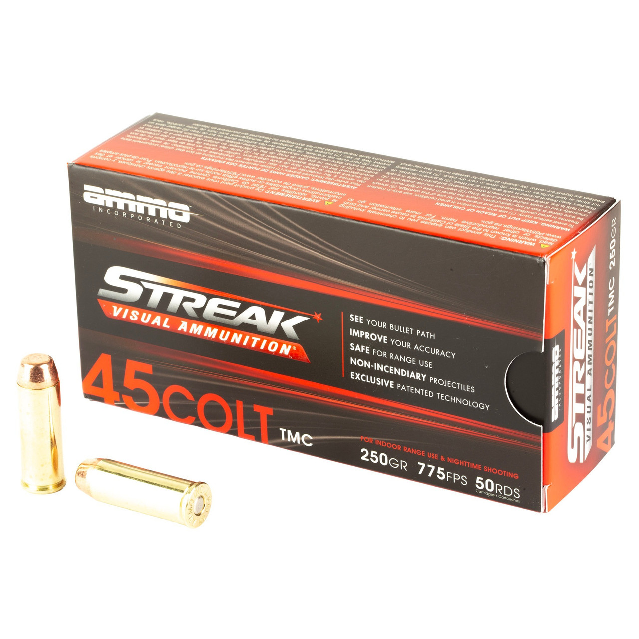 Ammo Inc 45C250TMCSTRKRED50 Streak Visual (RED)  45Colt 250gr Total Metal Case 50 Per Box/20 Case