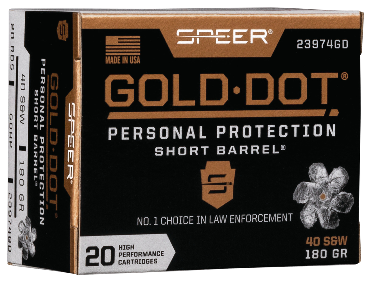Speer 23974GD Gold Dot Personal Protection Short Barrel 40S&W 180gr Hollow Point 20 Per Box/10 Case Centerfire, Handgun Ammunition