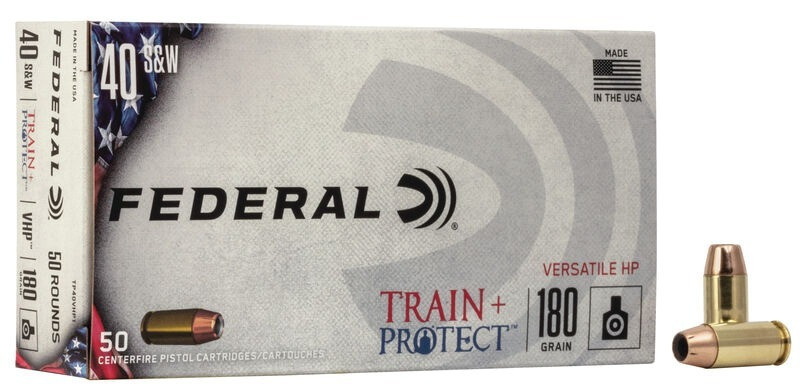 Federal Train + Protect 40 S&W Ammo 180 Grain Federal Versatile Jacketed Hollow Point Box of 50