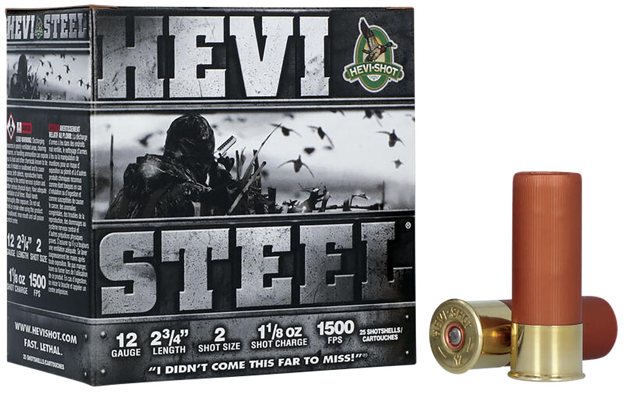 HEVI-Shot HS61222 HEVI-Steel 12Gauge 2.75 in 1 1/8oz 2Shot 25 Per Box/10 Case, Shotgun Shells