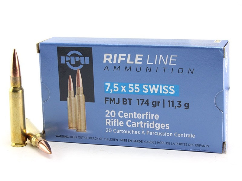 PPU 7.5x55 MM Swiss Ammo 174gr FMJ Ammunition - 20 Rounds