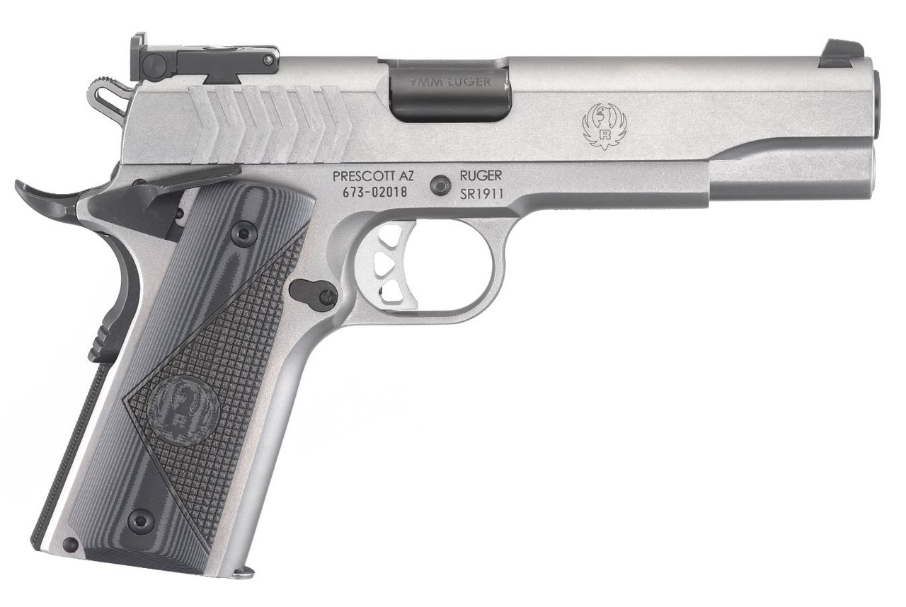 Ruger 6759 SR1911 Target 9mm Luger 9+1 5 in Black Steel Barrel, Low-Glare Stainless Steel Serrated Slide, Low-Glare Stainless Steel Frame w/Beavertail, Deluxe Checkered G10 Grip, Right Hand, Pistol