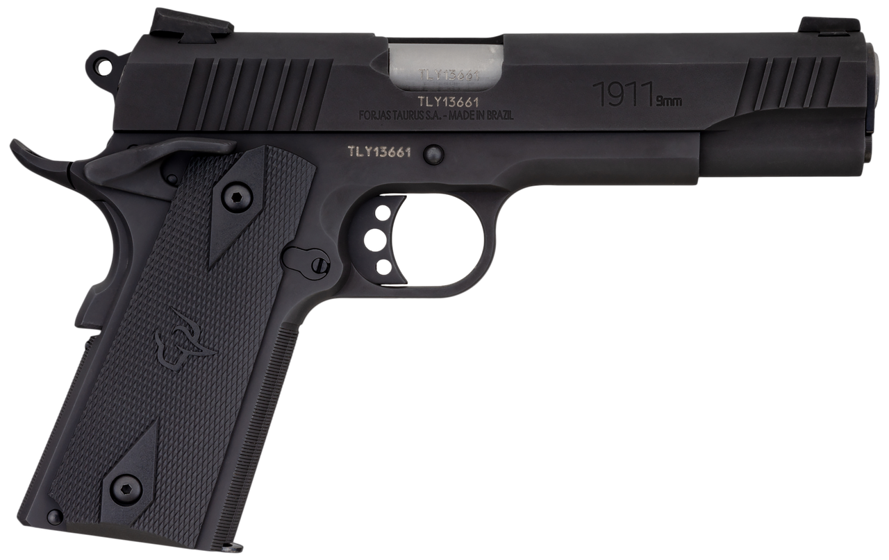 Taurus 11911019MM 1911 Full Size Frame 9mm Luger 9+1 5 in Matte Stainless Steel Barrel, Matte Black Serrated Alloy Steel Slide, Matte Black Steel Frame w/Beavertail, Black Checkered Polymer Grip, Right Hand, Pistol