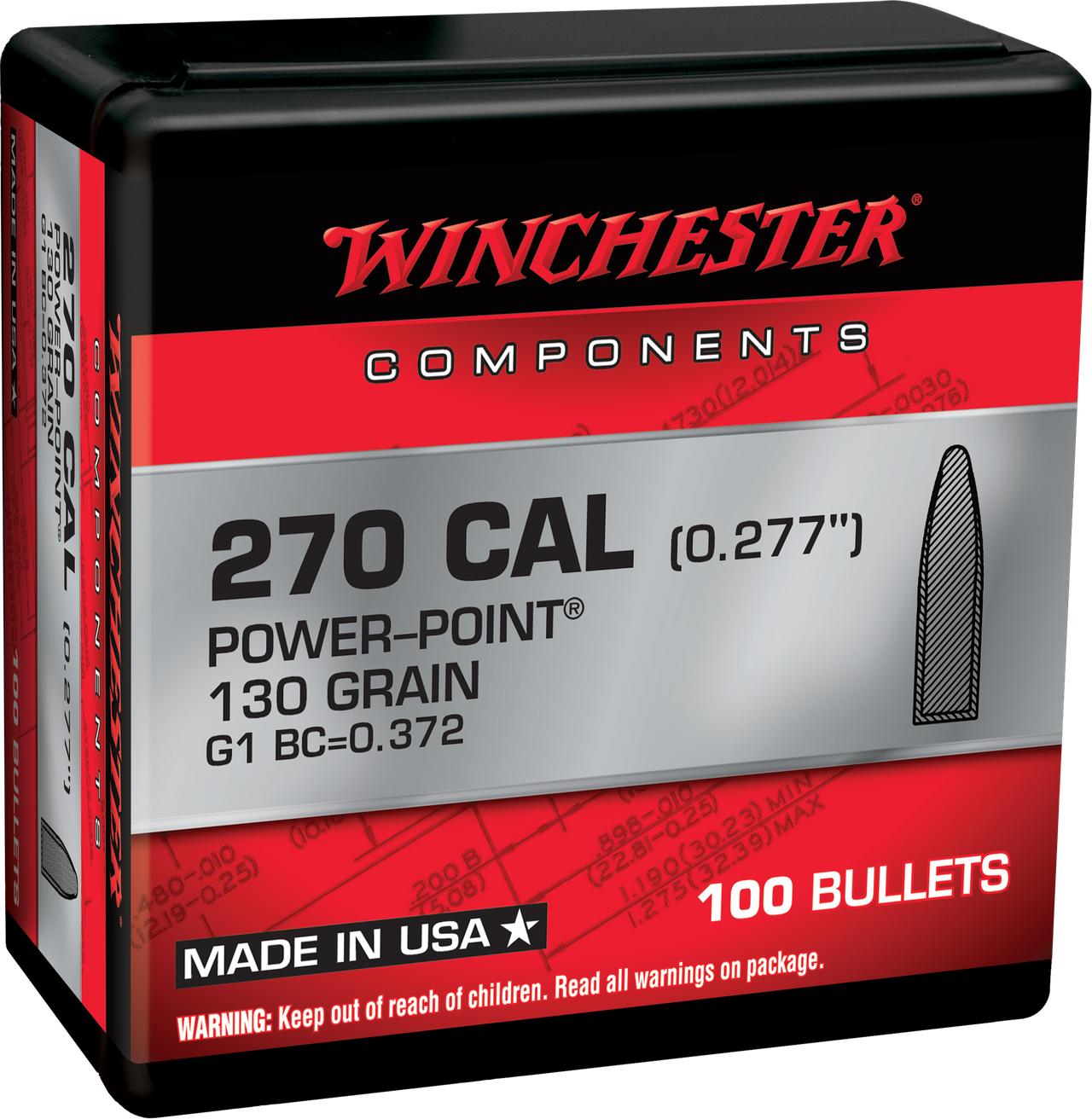 Winchester Power-Point 6.8mm, 270 Caliber (277 Diameter) Bullets 130 Grain Jacketed Soft Point with Cannelure Box of 100