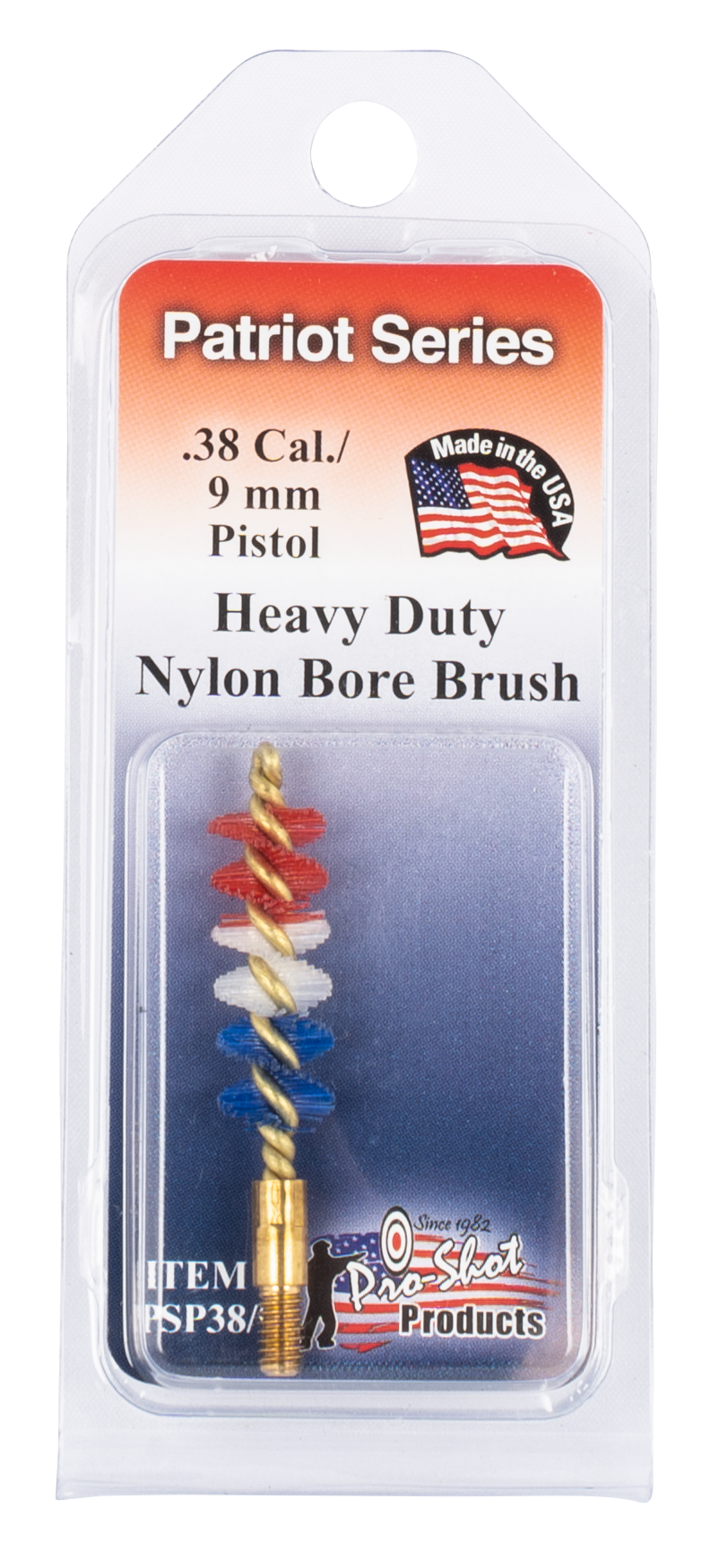 Pro-Shot PSP389 Patriot Series Bore Brush .38 Cal/ 9mm, Pistol #8-32 Thread Nylon Bristles Brass Core