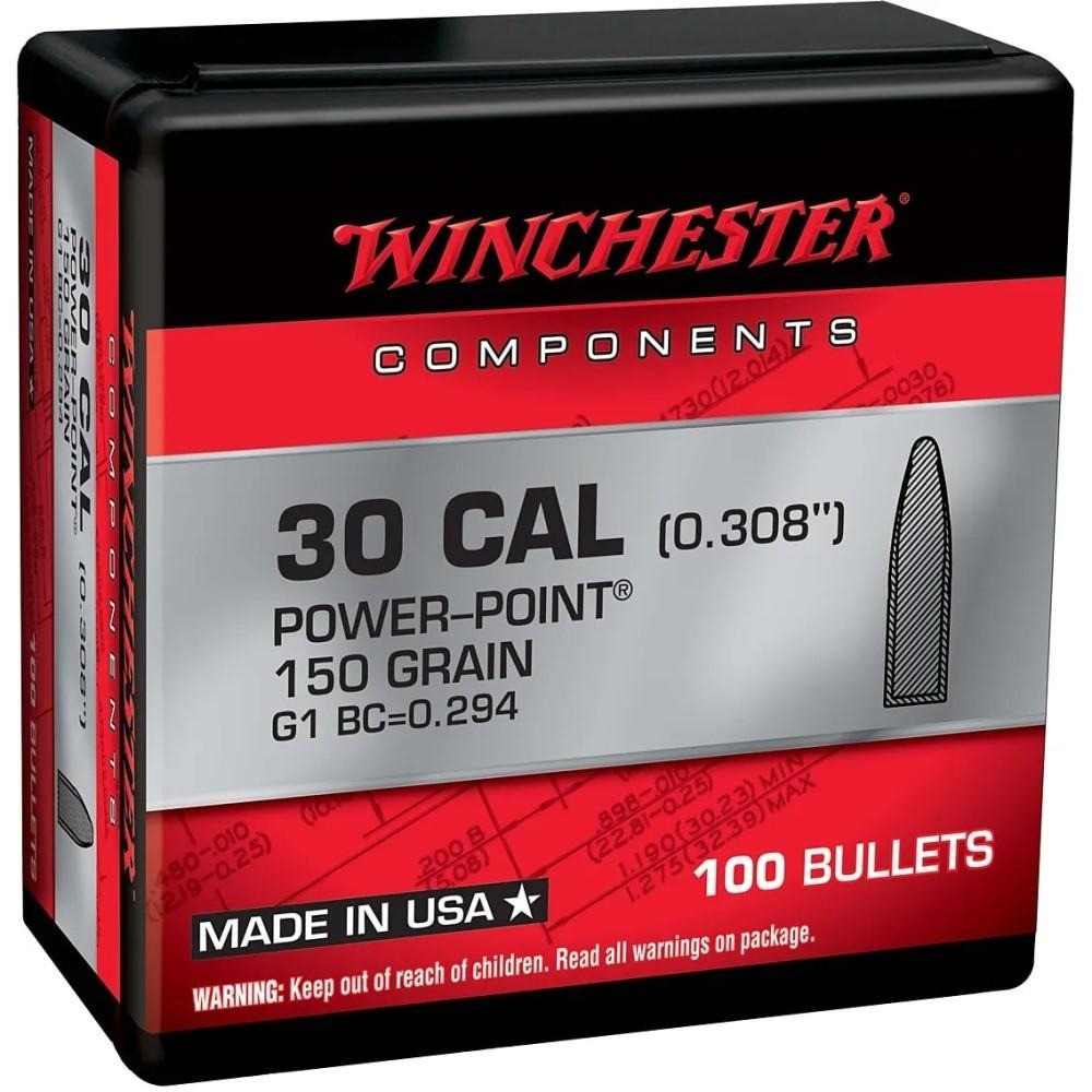 Winchester Power-Point 30 Caliber (308 Diameter) Bullets 150 Grain Jacketed Soft Point with Cannelure Box of 100